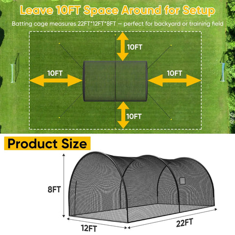 Top view of backyard baseball and softball batting cage with enclosed net and pitching hole on grassy field, size 22x12x8 ft