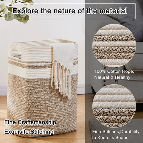 All In One Cotton Rope Laundry Hamper And Storage Basket With Handles Collapsible Go To Organizer displayed with stitching detail
