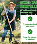 Woman using Heavy Duty 8 Tooth Iron Weeding Rake With Handle 2.0 Root Grabbing Weed Puller in garden for lawn work.
