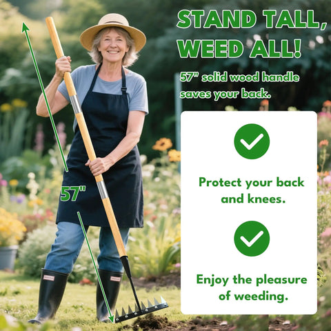 Woman using Heavy Duty 8 Tooth Iron Weeding Rake With Handle 2.0 Root Grabbing Weed Puller in garden for lawn work.