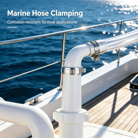 20 Piece Heavy Duty Hose Clamp Kit Set With Precise 1 4 To 7 16 Inch Sizing Crafted From Premium 304 Stainless Steel For Tough Plumbing Car Tuning And Fuel Line Repairs That Gotta Get The Job Done Right. Marine hose clamp on boat railing for corrosion-resistant plumbing