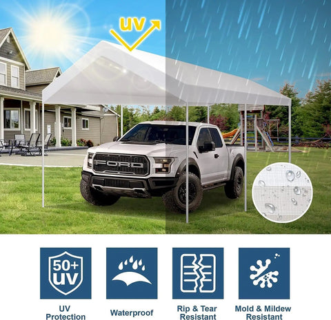 Ten By Twenty Foot Upgraded Carport Canopy Cover Replacement Top Only White Waterproof Heavy Duty PE Fabric Shelter