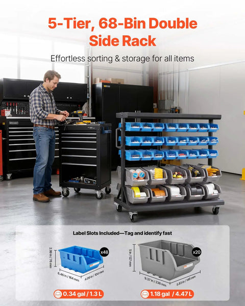 Straight Up Reliable Dual Sided Rolling Storage Rack With Sixty Eight Tough Plastic Parts Bins And Quick Label Slots, Slick Mobile Tool Caddy Featuring Heavy Duty Build And Smooth Locking Casters For Garage Workshop Setup