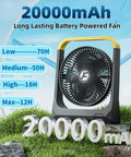 20800mAh Battery Powered 8 Inch Portable Fan With USB C Fast Recharge 80 Hours Run Time Outdoor Personal Desk Fan High 3350 RPM Wind 4 Speeds 70 Degree Rotation Timer Quiet For Bedroom Office Camping hiking camping with 70h run time.