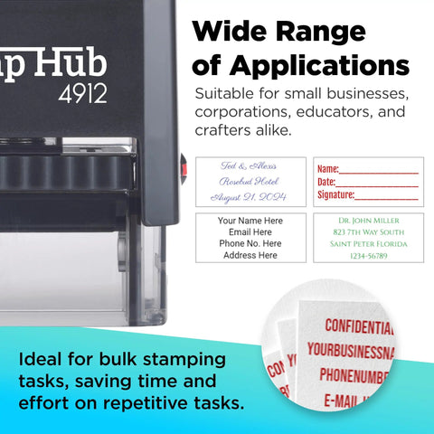 Image of Self Inking Custom Stamp With Up To 6 Lines, Personalize Return Address Or Office Name, versatile use displayed.