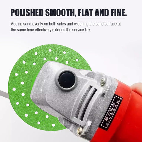 Close-up of angle grinder with Ultra Thin Diamond Grinding Discs 4.5 Inch Set for Ceramic Glass Marble Granite, green disc detail