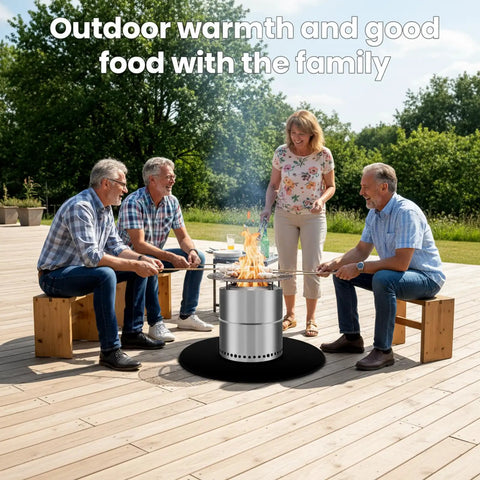 Family enjoying a bonfire on a deck with a 36 Inch Round Fire Pit Mat 2000 Fahrenheit Heat Resistant Fireproof Pad For Deck Patio Under Grill And Fire Pit Protecting Surfaces From Sparks During Bonfires And Solo Stove Bonfire Use visible.