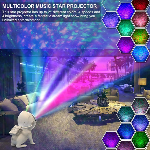 Dope Galaxy Night Light Projector With 6 In 1 Space Theme 21 Color Modes illuminating a living room with colorful projections.