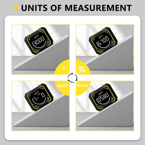 Pro Level Digital Angle Finder With Laser And Magnetic Base And Usb Rechargeable Electronic Inclinometer For Woodworking And Construction Projects Dead On Accuracy Built To Last showing 4 units of measurement on a digital display.