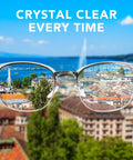 Front view of metal-frame eyeglasses with reflective lenses showing a cityscape.