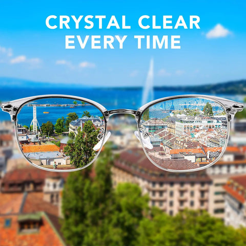 Front view of metal-frame eyeglasses with reflective lenses showing a cityscape.