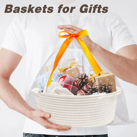 Small Woven Rope Basket With Handles And Bonus Gift Bag Plus Ribbon Hella Durable Storage Bin For Toys Nursery Room Organizer Sweet Everyday Vibe 12 By 8 By 5 Inches White