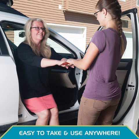Woman using Universal Standing Handle Sit To Stand Transfer Aid, Portable Lift Assist Grab Bar, helping exit car