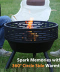 23 Inch Cast Iron Round Fire Pit With Grill And Flat Lid 3 In 1 Outdoor Fire Bowl Table in use on grass with flames