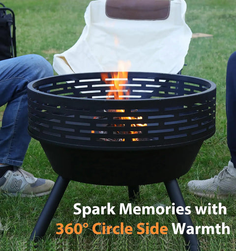 23 Inch Cast Iron Round Fire Pit With Grill And Flat Lid 3 In 1 Outdoor Fire Bowl Table in use on grass with flames
