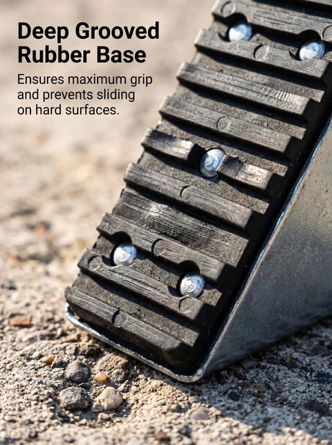 Close-up of Anti Skid Ladder Feet Replacement Shoes Kit showing rubber base and metal part on rough ground surface