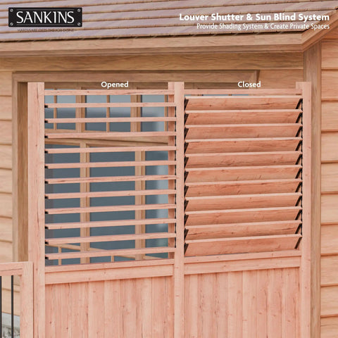 Deck Sunblind System Louver Kit For Windows And Pergolas Heavy Duty Bracket And Panel Hardware Set Up To 11 Boards 49 Inches Black Powder Coated Outdoor Blinds Shutters All Weather Solution, open and closed louver panels on a wooden pergola