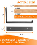 Beefy Heavy Duty J Shelf Brackets with Lip for 9.25 Inch Boards, black steel, dimensions and board compatibility illustration