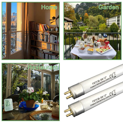 Collage of settings using 12 Inch F8T5 Black Light Blue Replacement Bulbs 365 To 368nm T5 Linear UV Lamps, home, garden, and restaurant