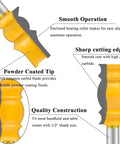 Image showing three-piece crown molding router bit set with 1/2 inch shank, pro grade carbide blades, smooth operation details.