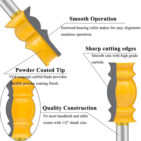 Image showing three-piece crown molding router bit set with 1/2 inch shank, pro grade carbide blades, smooth operation details.