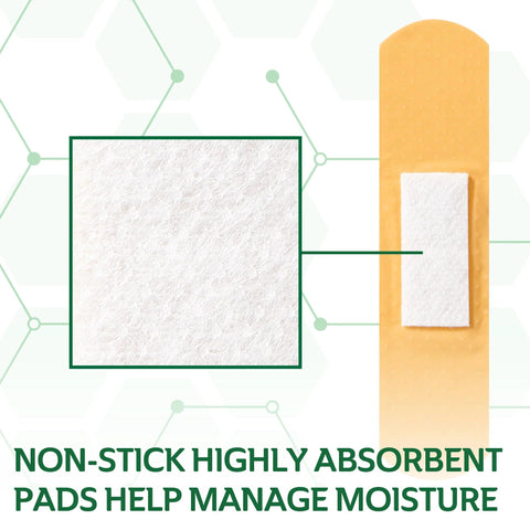CURAD bandages assortment illustration: white nonstick pad with beige adhesive strip on orange backing