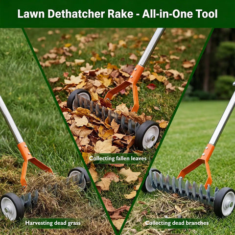 Wheel Equipped Adjustable Thatch Rake With No Backache Dethatching On Lawns, 38 To 65 Inch Handle shown collecting leaves and grass