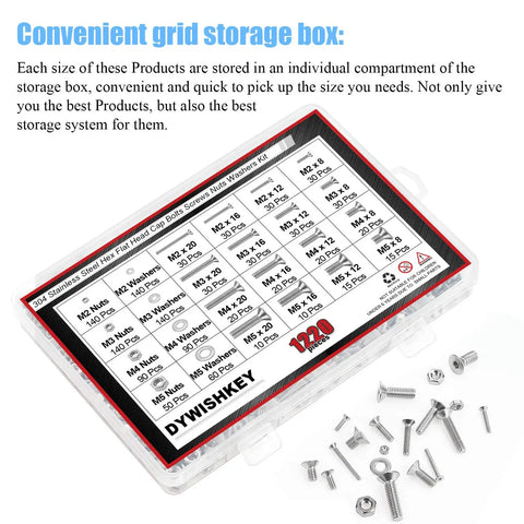 Heavy Duty 1220 Piece Metric Fastener Kit Featuring 304 Stainless Steel Hex Flat Head Cap Bolts Screws Nuts Washers With Wrenches Assortment in clear storage box.