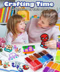 Child and adult crafting with 32000 Fuse Beads Kit With 32 Colors And 6 Pegboards, showing beads, patterns, and pegboards.