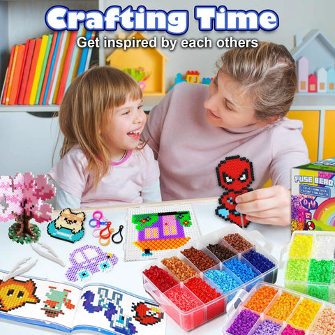 Child and adult crafting with 32000 Fuse Beads Kit With 32 Colors And 6 Pegboards, showing beads, patterns, and pegboards.