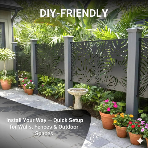 Outdoor Metal Privacy Screen 72 Inch Freestanding Divider Panel With Laser Cut Tropical Leaf Design Weatherproof Steel Garden Fence