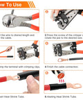 Illustration showing how to use the Battery Cable Lug Crimp Tool Kit With Copper Lugs Wire Cutter And Heavy Duty Case Works With AWG Ten To One Zero Gauge Includes 110 Cable Ends And 110 Pieces Of 3to1 Heat Shrink Tubing For Quick Secure Battery Connections.