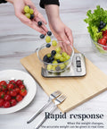 All In One 11 Pound Digital Kitchen Scale With Six Unit Modes G Kg Lb Oz Ml Milk Ml And Tare Function, weighing fruits in kitchen.