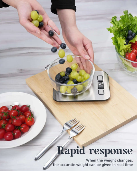All In One 11 Pound Digital Kitchen Scale With Six Unit Modes G Kg Lb Oz Ml Milk Ml And Tare Function, weighing fruits in kitchen.