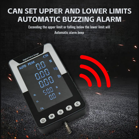 Large Screen Digital Force Gauge 1000N Push Pull Meter With Data Output Real Time And Peak Value Modes First Peak Toggle Dual Kg And Lb Display Screen Flip Function Zero Point Five Percent Accuracy Beast Tension And Compression Tester, shown with upper/lower limit alarm