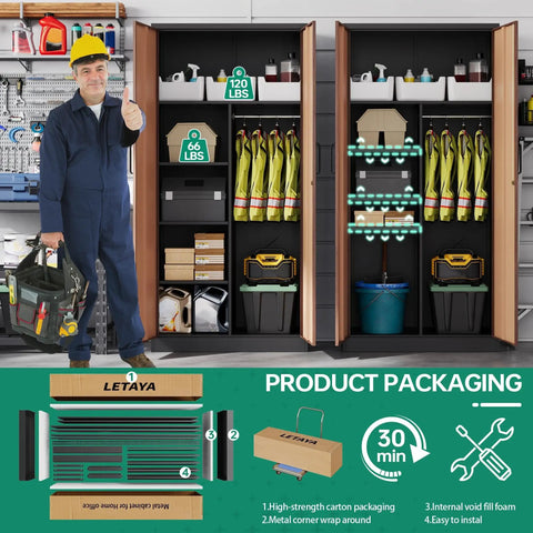 72 Inch Steel Locker Cabinet with Locking Doors, wood grain, moisture-proof rust-resistant, ideal for office home school gym hotel.