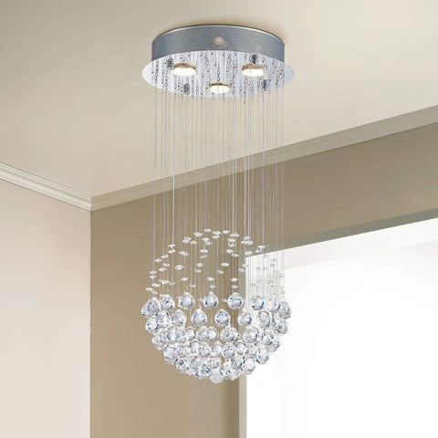 Dope Modern Crystal Raindrop Chandelier Ceiling Light Flush Mount With Round Glass Drops, Dimmable LED Fixture installed in room