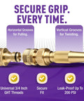Heavy Duty Adjustable Garden Hose Spray Nozzle With Solid Brass 3/4 Inch GHT Quick Connect showing grooves for secure grip