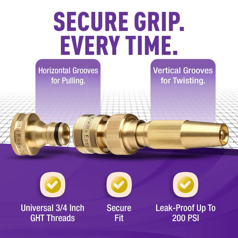 Heavy Duty Adjustable Garden Hose Spray Nozzle With Solid Brass 3/4 Inch GHT Quick Connect showing grooves for secure grip