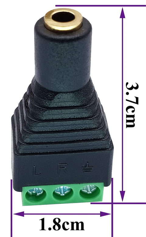 Three Point Five Mm Female To Three Pin Screw Terminal Stereo Audio Balun Adapter Five Pack Solderless Double Track Y Splitter For Headphones And Microphones No Sweat Setup Black, close-up view of adapter.