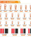 Size and quantity chart for Beefy Battery Cable Ends Kit With 220 Pcs Copper Wire Lugs In AWG Two Zero Through Eight Heavy Duty Terminal Connectors Bolt Hole Options One Quarter To One Half Inch Includes One Hundred Twenty Pcs Heat Shrink Tubing For Fast Wiring.