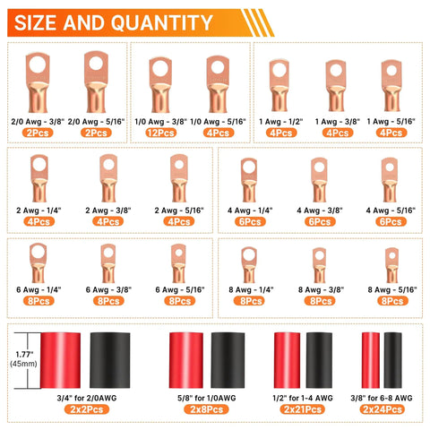 Size and quantity chart for Beefy Battery Cable Ends Kit With 220 Pcs Copper Wire Lugs In AWG Two Zero Through Eight Heavy Duty Terminal Connectors Bolt Hole Options One Quarter To One Half Inch Includes One Hundred Twenty Pcs Heat Shrink Tubing For Fast Wiring.