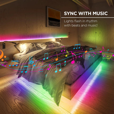 Indoor Outdoor RGBIC Smart WiFi LED Strip with Voice Control and Music Sync, 16.4 Feet, under-bed multi-color LED lights.