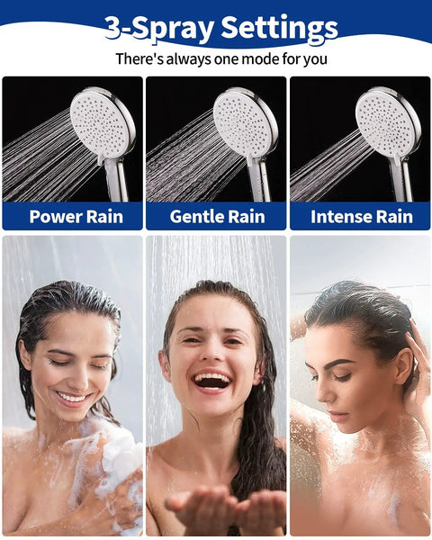 Close-up of shower heads showing 3 spray settings: Power Rain, Gentle Rain, Intense Rain for High Pressure Handheld Shower Head Kit.