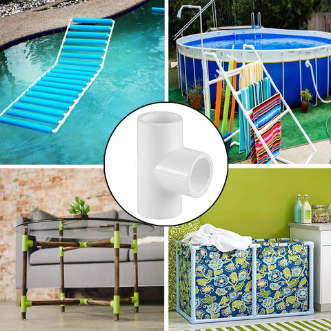 Collage with LESSO 30 Pcs 1/2 Inch PVC Fittings Set showcasing uses in pool accessories, DIY furniture, laundry storage, and plumbing.