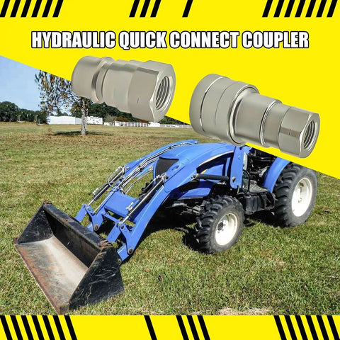 Heavy Duty 3/8 Inch Npt Hydraulic Quick Connect Coupler Set Iso 5675 Carbon Steel Couplings with tractor on grass.