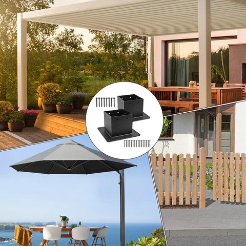 Collage of Beefed Up Heavy Duty 4x4 Post Base Bracket Set With 3.3 By 3.5 Inch Inner Size for outdoor structures.