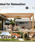 Wood pergola over patio with family sitting, highlighting outdoor relaxation space with backyard structures.