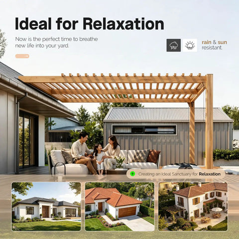 Wood pergola over patio with family sitting, highlighting outdoor relaxation space with backyard structures.