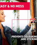 Person using Garage Door Lubricant With Smart Straw Sprays Two Ways, 11 Oz, 6 Pack Reduces Friction Prevents Squeaks Shields Hinges